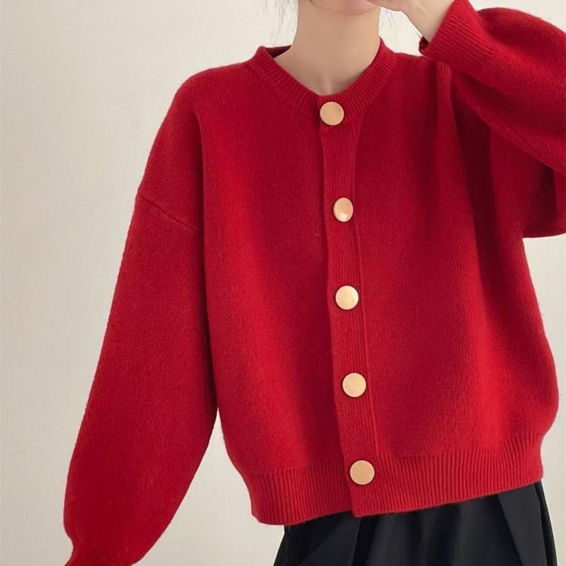 Дизайнерский однорядный трикотажный кардиган-жакет на весну и осень, однотонный, ленивый стиль, новый свободный топ с круглым вырезом на весну и осень