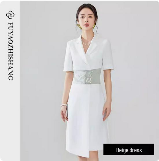Summer Asymmetrical Color Block Chinese Style Dress - Women's Professional Short Sleeve Workwear