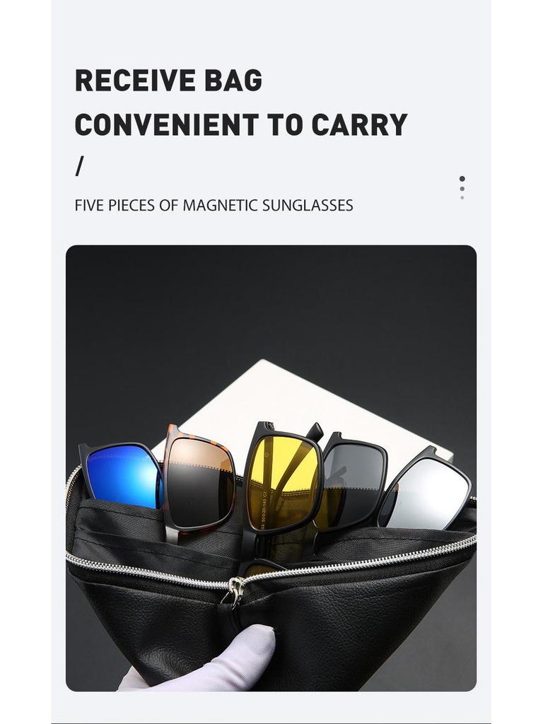 Men's & Women's Magnetic Polarized Clip-On Sunglasses - Retro Square Frame, Spring Legs, 5 Interchangeable Lenses Set (Model 2249)