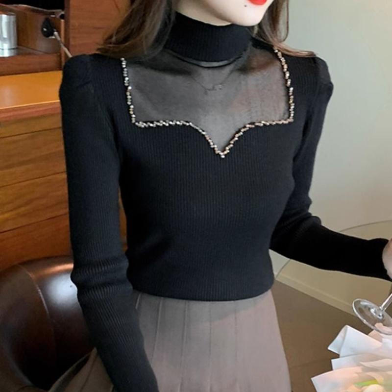 Сетчатая модная рубашка с полувысоким воротом для женщин, осень-зима, корейская версия, облегающий универсальный свитер, вязаный топ