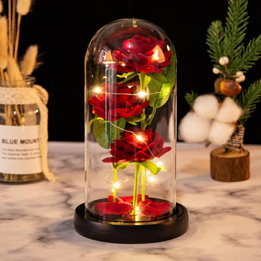 Galaxy Artificial Rose Flowers with LED Lights in Glass Dome Fake Forever Flower for Valentines Day Romantic Gifts Table Lamp Mom Birthday Decoration