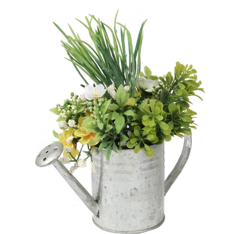 Yellow Spring Easter Arrangement in a Watering Can - Decorative Artificial Flowers 20cm