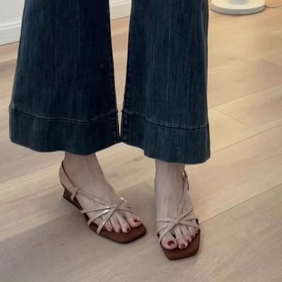 Версия из мягкой кожи~ Французский темперамент, лаконичные сандалии на танкетке с тонкими ремешками, женские, с открытым носком, на высоком каблуке, римские сандалии