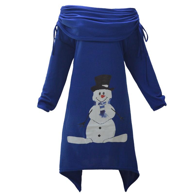 Womens Christmas Dress Snowman Print Pleated Collar Irregular Drawstring Long Sleeve Casual