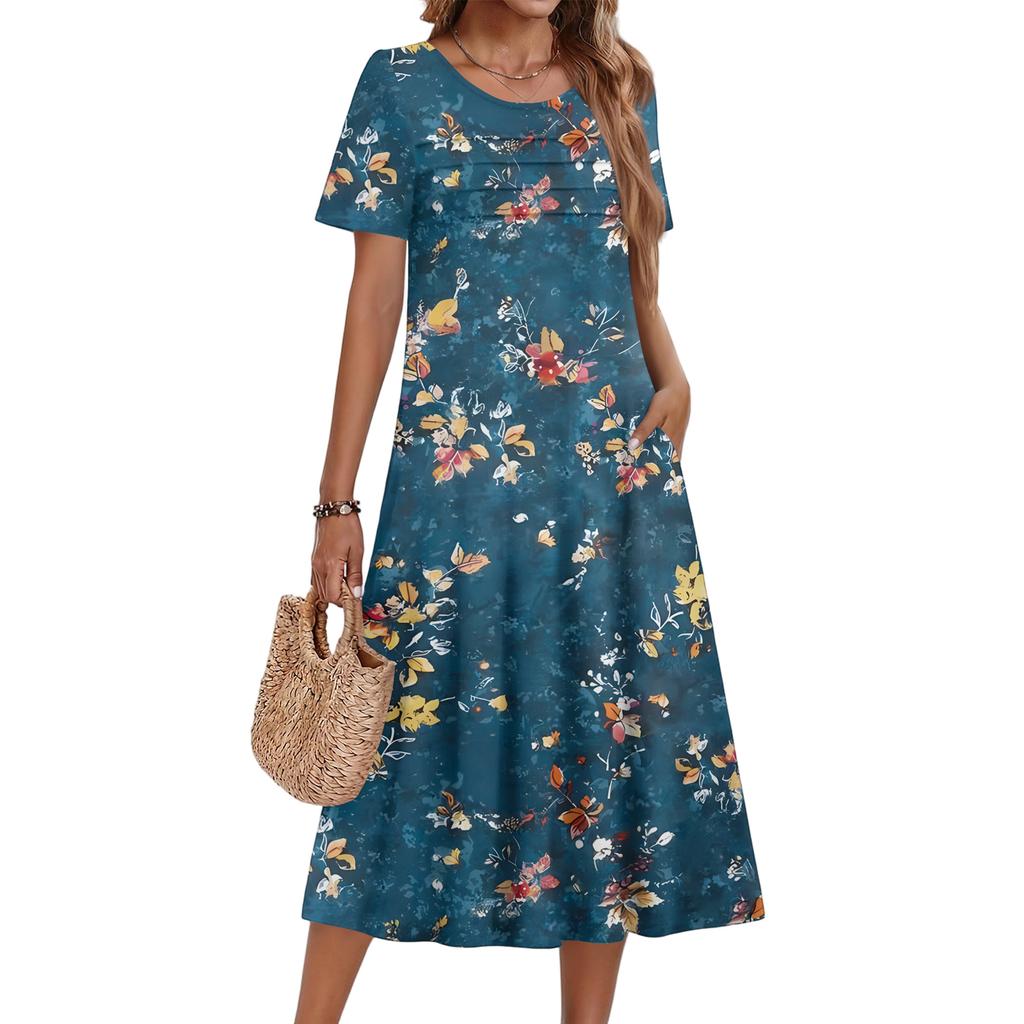 Женское повседневное и модное платье с цветочным принтом, короткими рукавами и круглым вырезом.