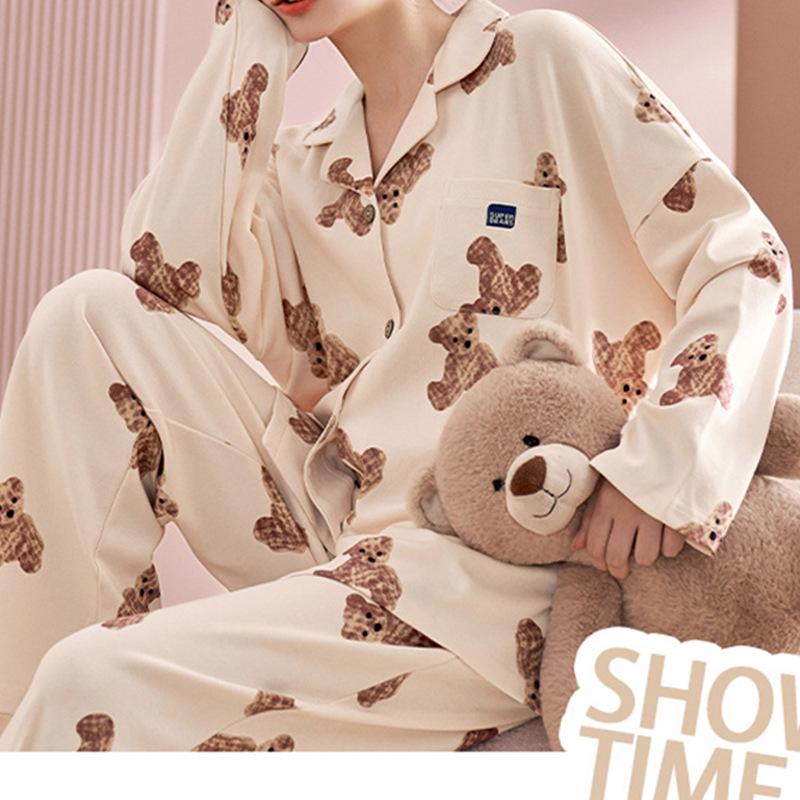 Women's Loose Pajama Pants with Cartoon Bear Print for Spring and Autumn, Wearable Outdoors, Home Leisure Straight Pants