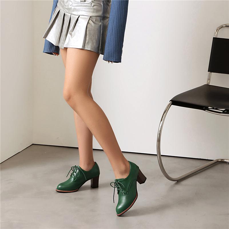 FOREADA Женские туфли-лодочки из искусственной кожи с круглым носком, на толстом высоком каблуке, на шнуровке, лаконичного дизайна, женская модная обувь, весна-осень, зеленые, черные, 44