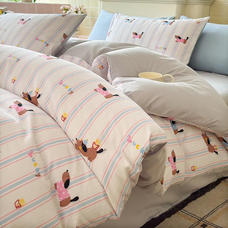 Class A Fresh Four-Piece Set: Washed Cotton Bed Sheet & Duvet Cover with Double Layer Gauze - Home Bedding Collection