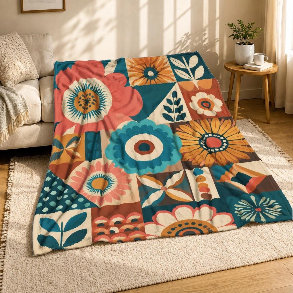 Retro Floral Patchwork Coral Fleece Blanket Vintage Garden Decor
