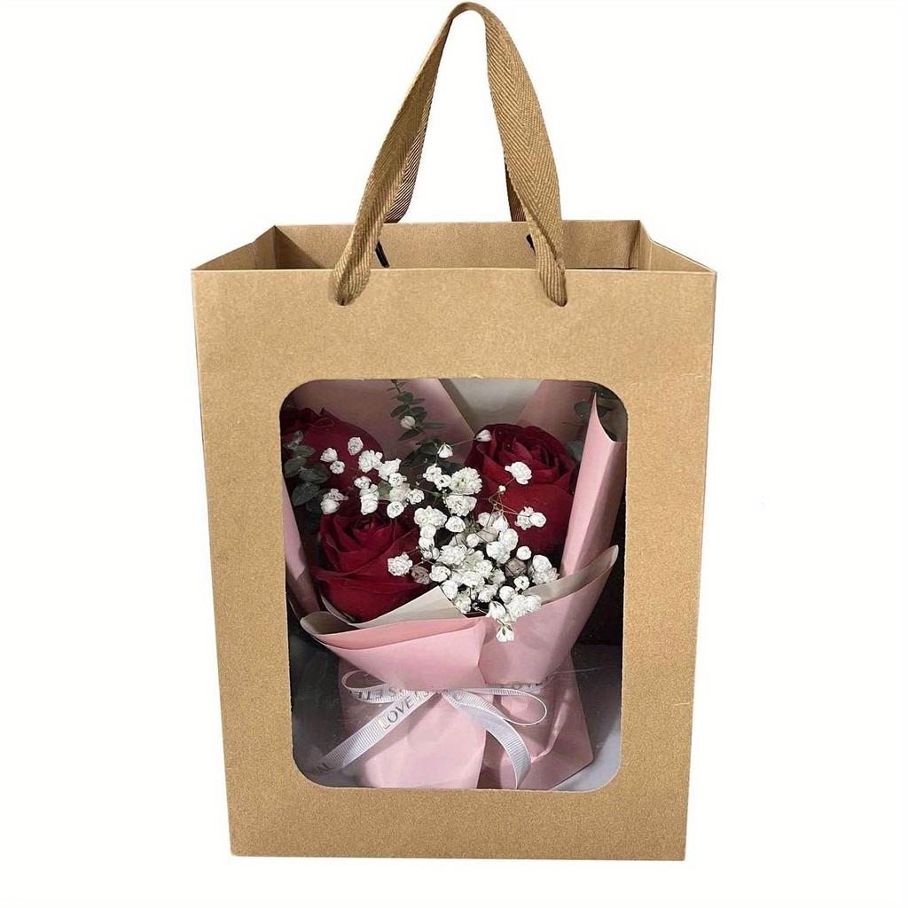 12 шт. подарочных пакетов из коричневой бумаги с прозрачным окошком 10x7x5 дюймов крафт-пакеты с ручками для подарков, фестивалей, вечеринок