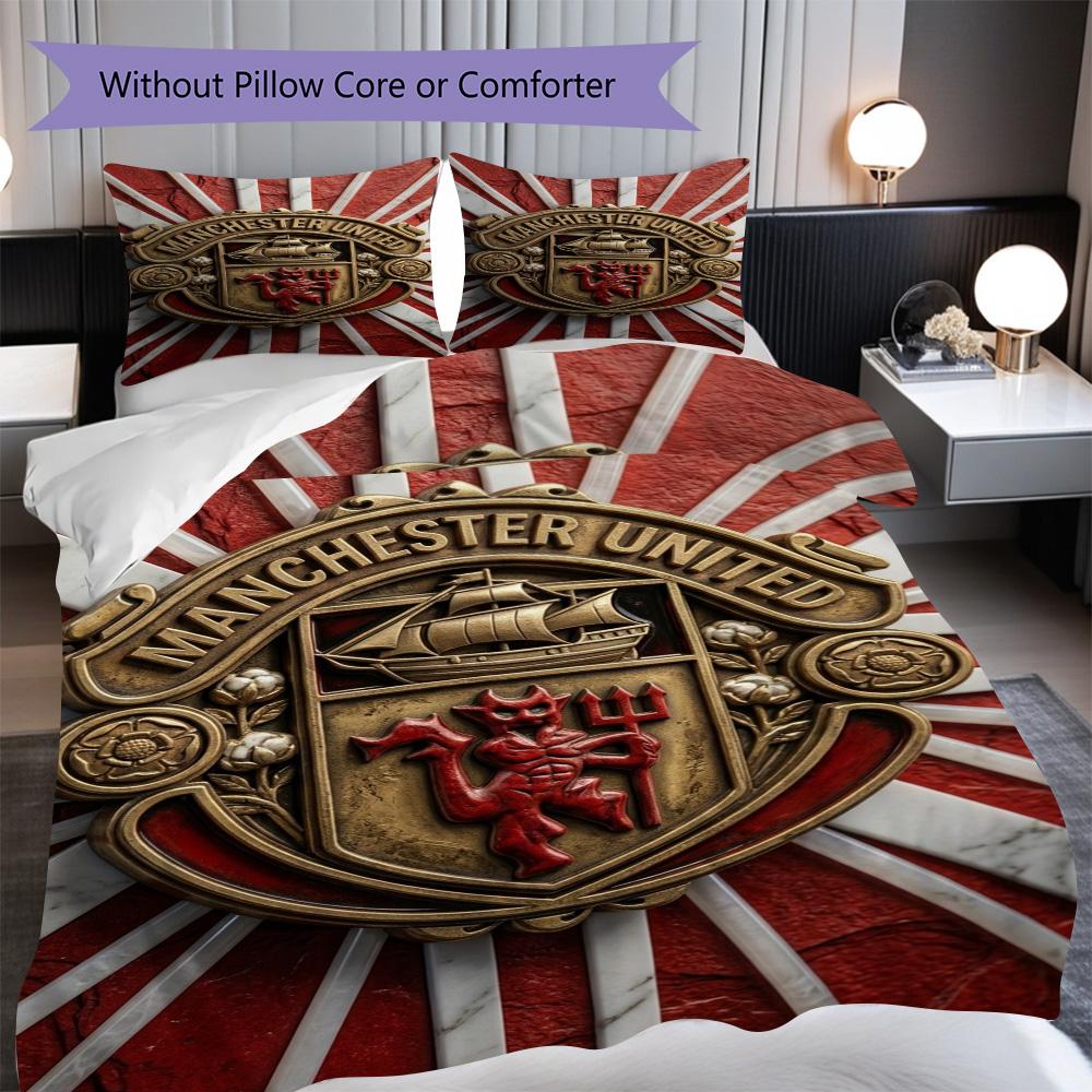 Manchester Glory Emblem Three-piece set (1 * duvet cover + 2 * pillowcase, without core) 2D Flat Christmas birthday gift Soft and comfortable