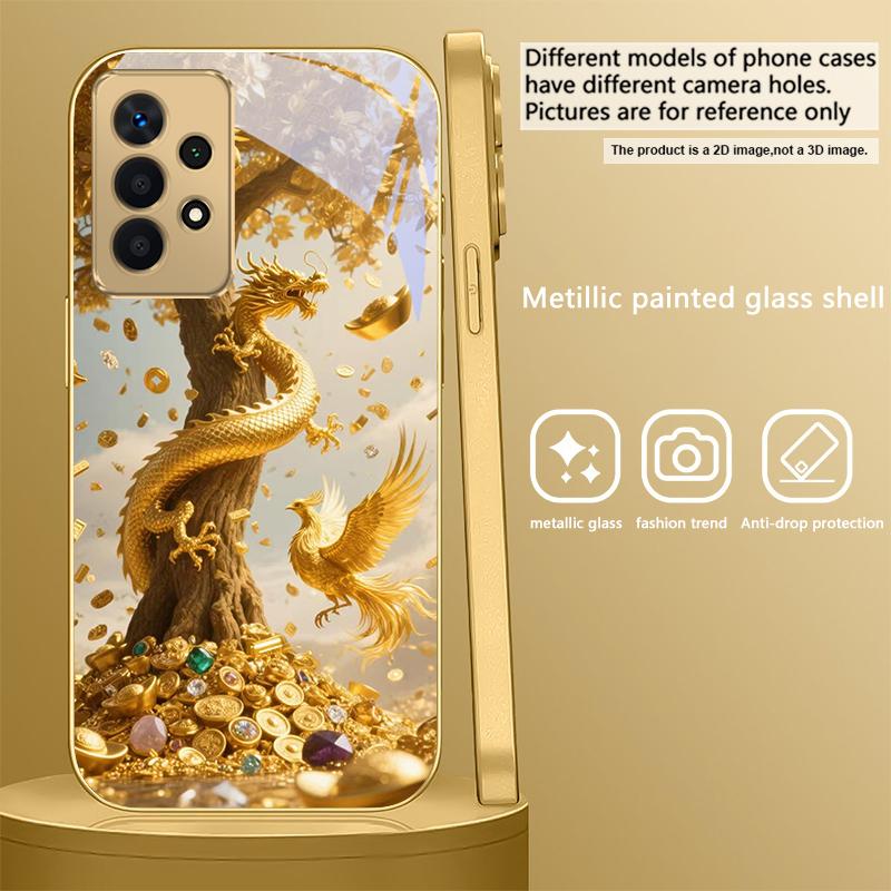 Золотой Дракон Сворачивается Для Samsung A 01 52S A04 A05S A10 A12 A13 22 23 24 36 42 M02 Note 10 20Ultra 8 9 Золотой стеклянный чехол для телефона