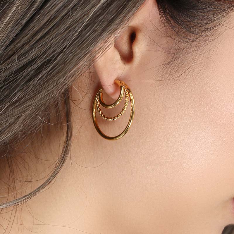 Stainless Steel Multilayer Round Bead Hoop Earrings For Women Men Vintage Gold Color Double Circle Smooth Earrings Zircon Gifts