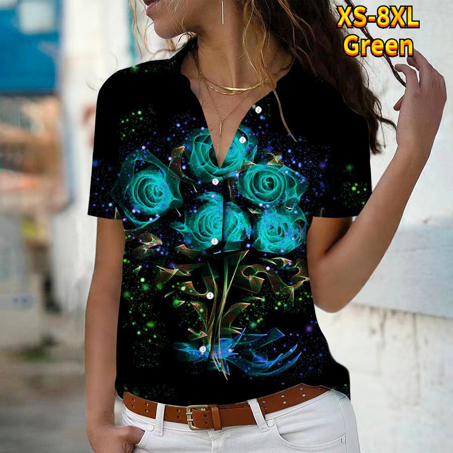 2025 Лето Новая Мода Женская Рубашка Топ с Коротким Рукавом, V-образным Вырезом, Повседневная, на Пуговицах, с Принтом Роз
