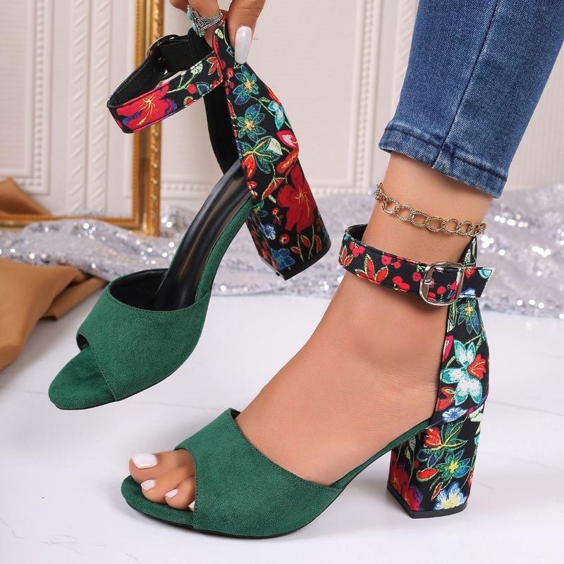 Fashion Women's Shoes 2024 Brand Buckle Strap Women's Sandals Fashion Printing Office and Career New Cover Heel Plus Size Heeled Sandals
