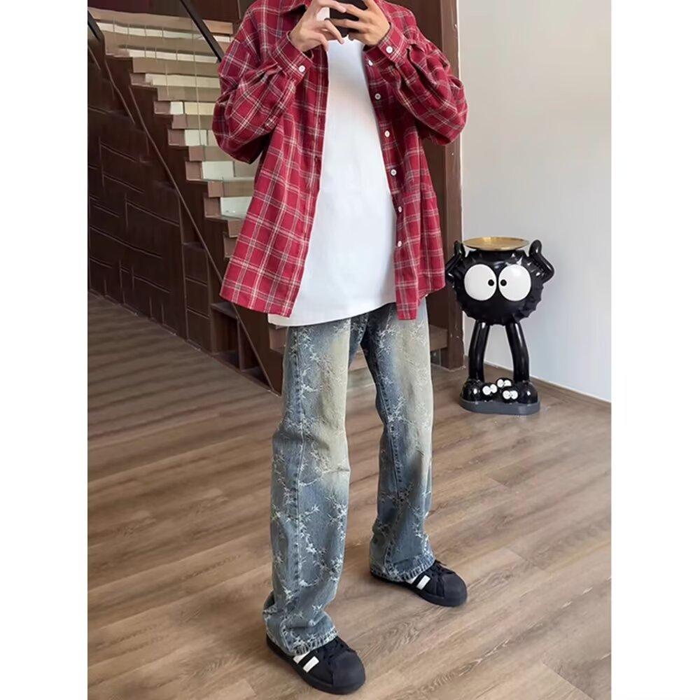 Осень и зима Новые американские джинсы High Street Washed Light Color для мужчин и женщин Прямые слегка расклешенные свободные широкие брюки