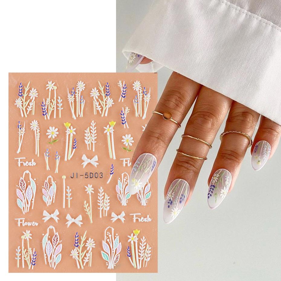 5D Nail Stickers Flowers Embossed Sliders Nail Art Decorations Decals DIY Manicure