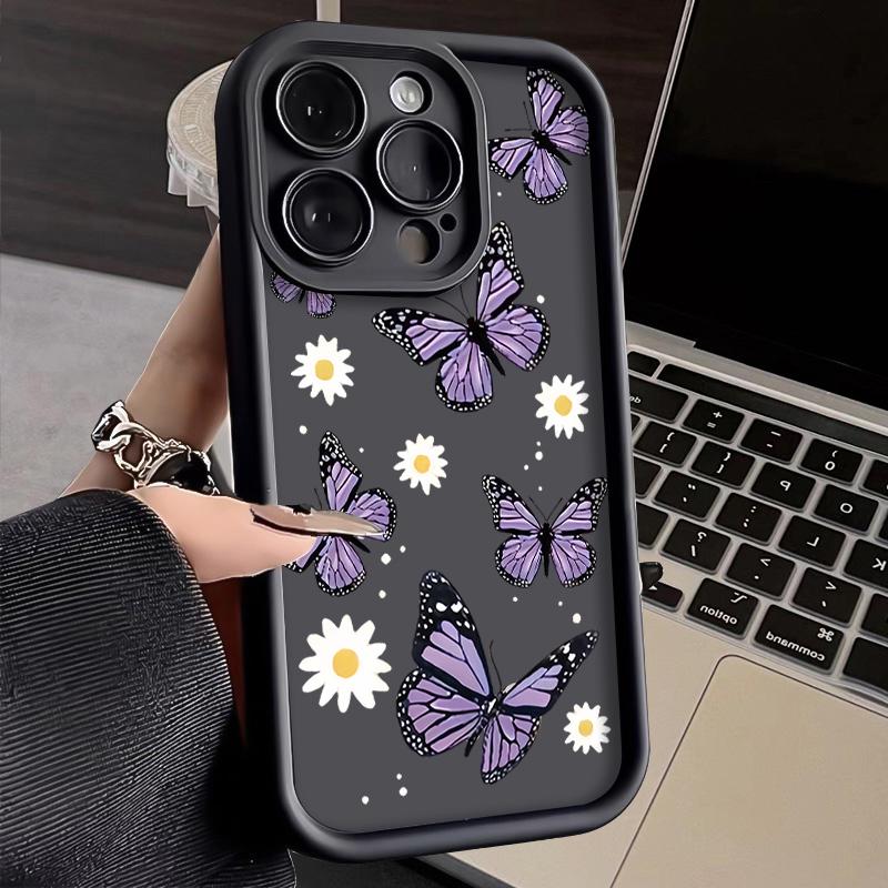 Funda de teléfono artística con mariposa morada para iPhone 16 15 14 13 12 11 SE Plus Pro Max, Silicone shockproof soft case