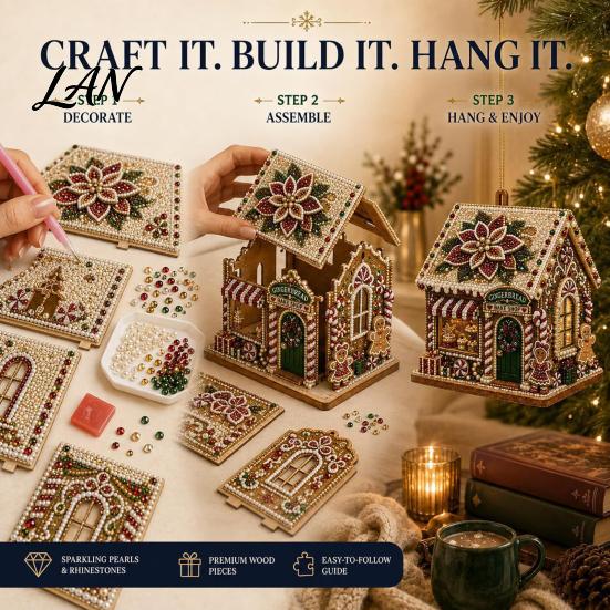 3D Cabin Craft House Christmas Faux Pearl Art Kit, DIY Handmade Rhinestone Painting Kit Relaxing Activities for Adults Adults, Tabletop Xmas