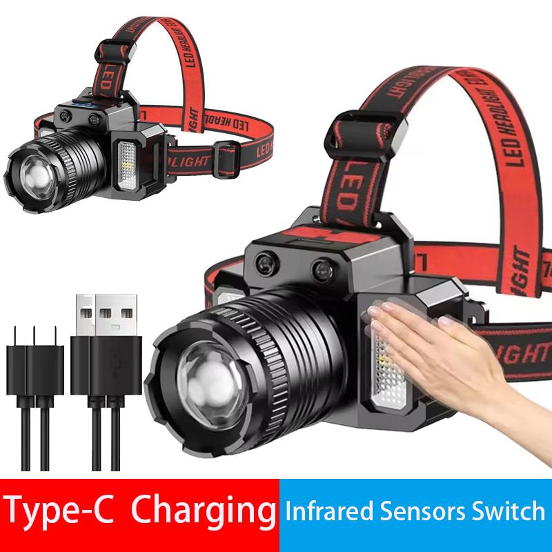 Smart Induction White Light LED Headlamp with Zoom USB Charging Sensor Multi- Outdoor Head Torch Lantern