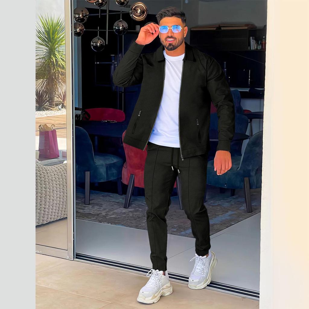 Новый мужской костюм из вафельной куртки и брюк - европейский и американский повседневный универсальный стиль