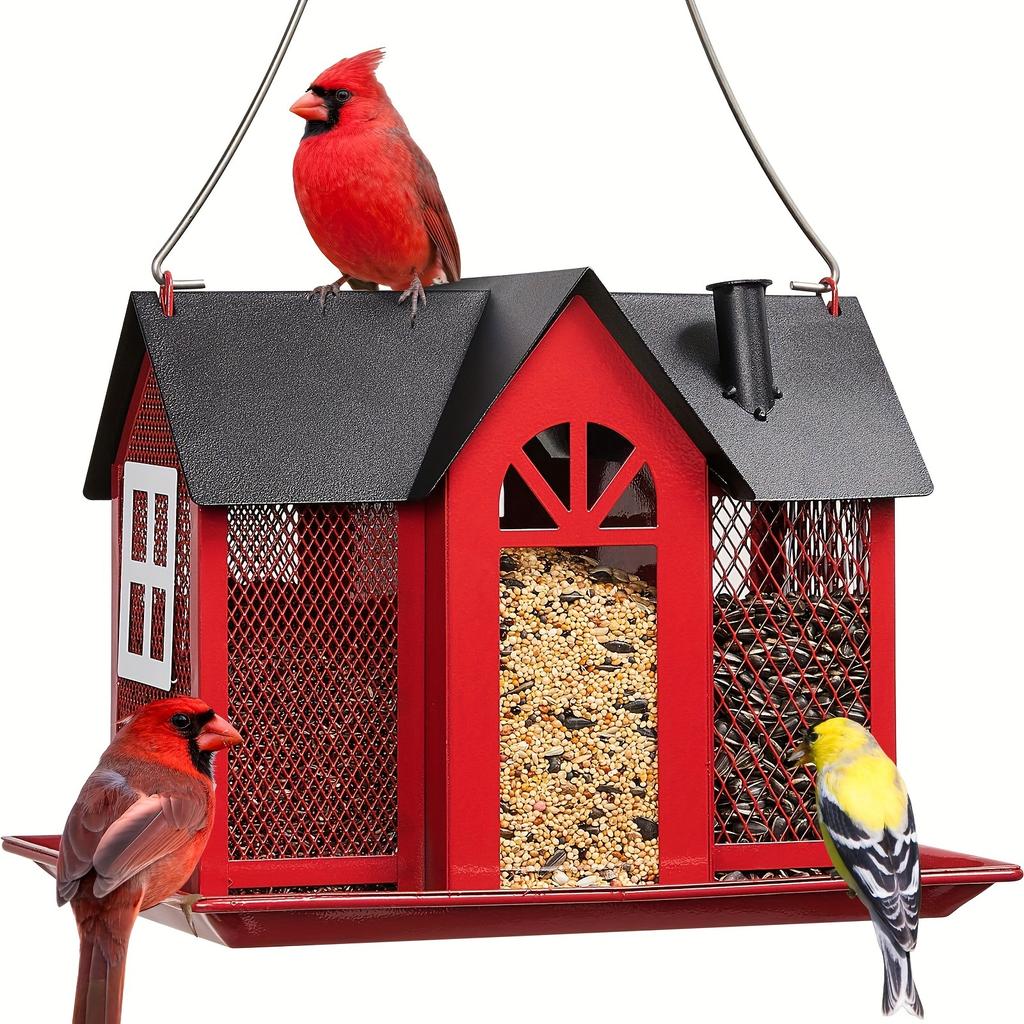Vibrant Red Metal Bird Feeder House - Triple Feeding Station with Weather-Resistant Design, Attracts Cardinals, Sparrows