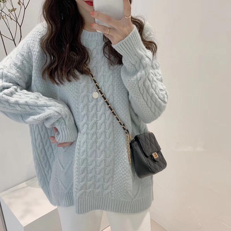 Autumn and Winter New Soft Waxy Twist Soft Milk Blue Sweater Women's Casual Loose Bottoming Sweater Knitted Sweater Top