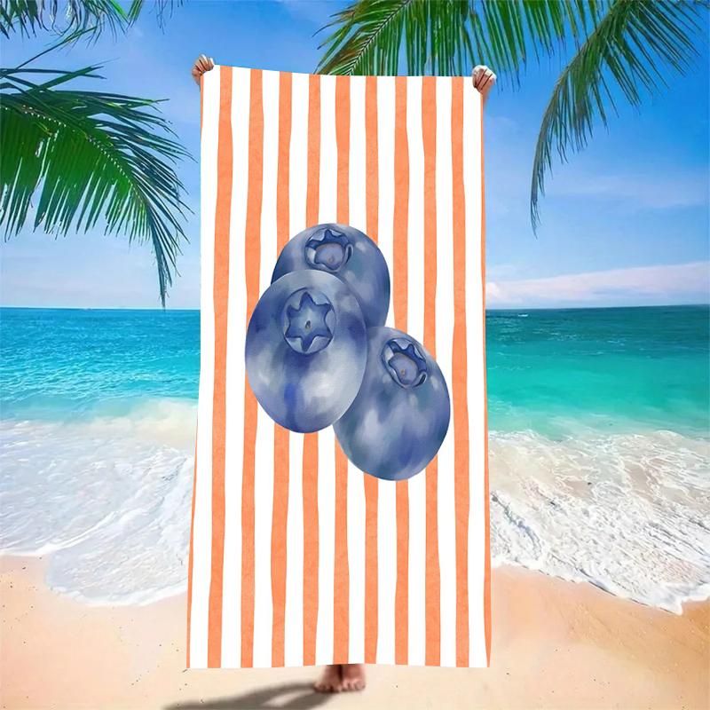 Blueberry Striped Beach Towel?Orange And White Stripes With Realistic Blueberries Unique Fruit Design Microfiber Towel