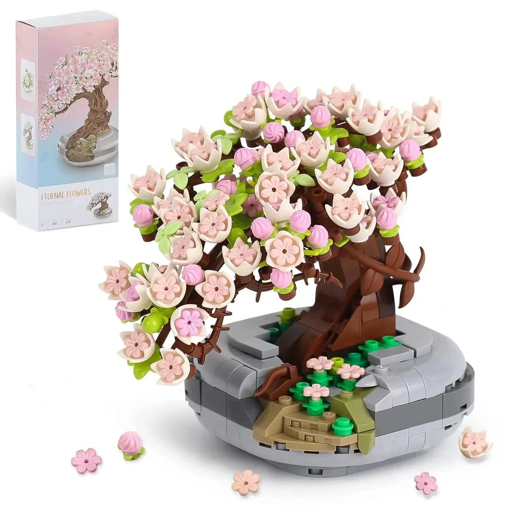 Mini Plant Bonsai Building Block Flower Plant Cherry Blossom Tree Potted Bouquet Model Bricks Home Decoration Toy For Kids Gifts