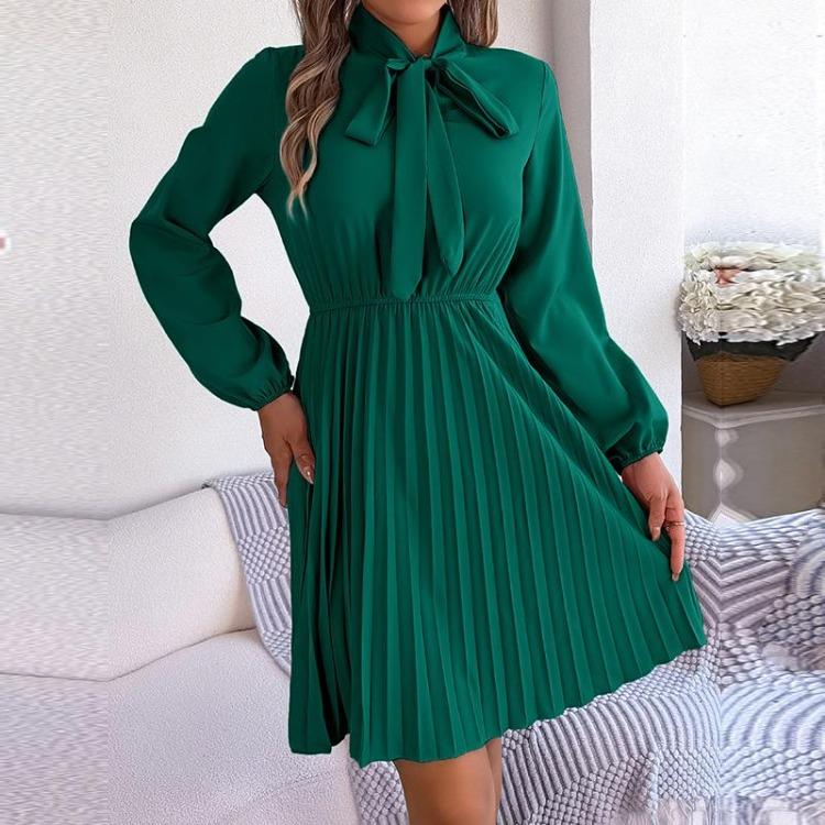 Элегантное осенне-зимнее женское платье на шнуровке с высокой талией, длинным рукавом и плиссировкой, однотонное