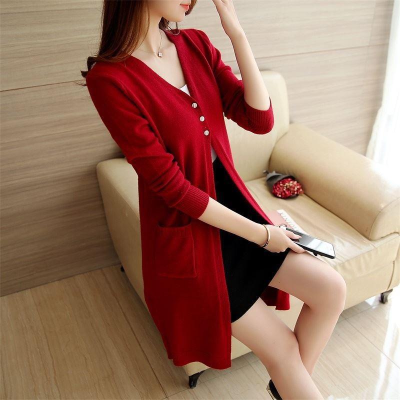 Весенне-осенний женский трикотаж в длинной части вязаного свитера Тонкая снаружи тонкая шаль Свитер с длинными рукавами Женский кардиган Куртка Tide