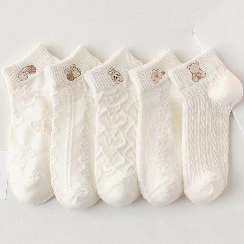 Comfortable Breathable Casual Short Socks 5 Pairs Women Cartoon Pattern Short Socks Fashion Simple Trendy Creative Socks
