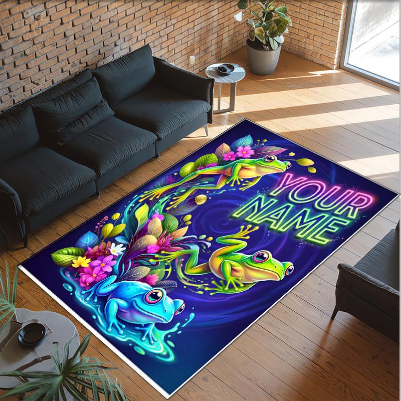 Frog Theme Crystal Velvet Floor Rug Personalized Custom Name Text Warm Carpet Home Decoration