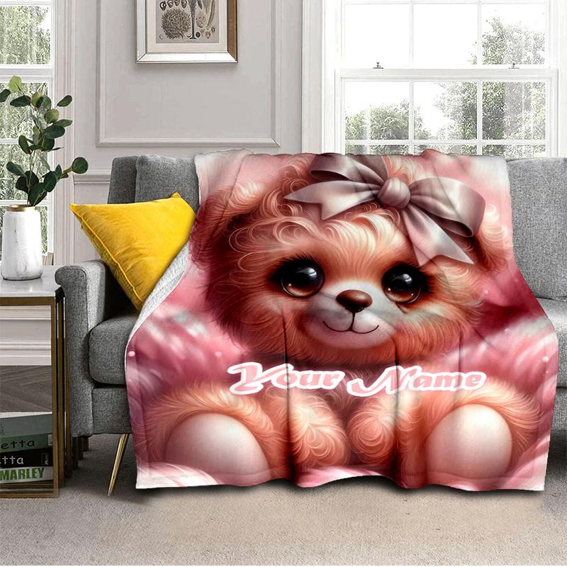 1PC Custom Name Pink Teddy Bear Bow Flannel blankets Patterns Throw Blanket All-Season Soft Gift for Couch, Bed, Camping gifts