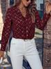 Women Long‑Sleeve Woven Blouse, V‑Neck with Single‑Button Gold Grid Print Shirt, Casual Office‑Classy Tunic Top for Daily Work