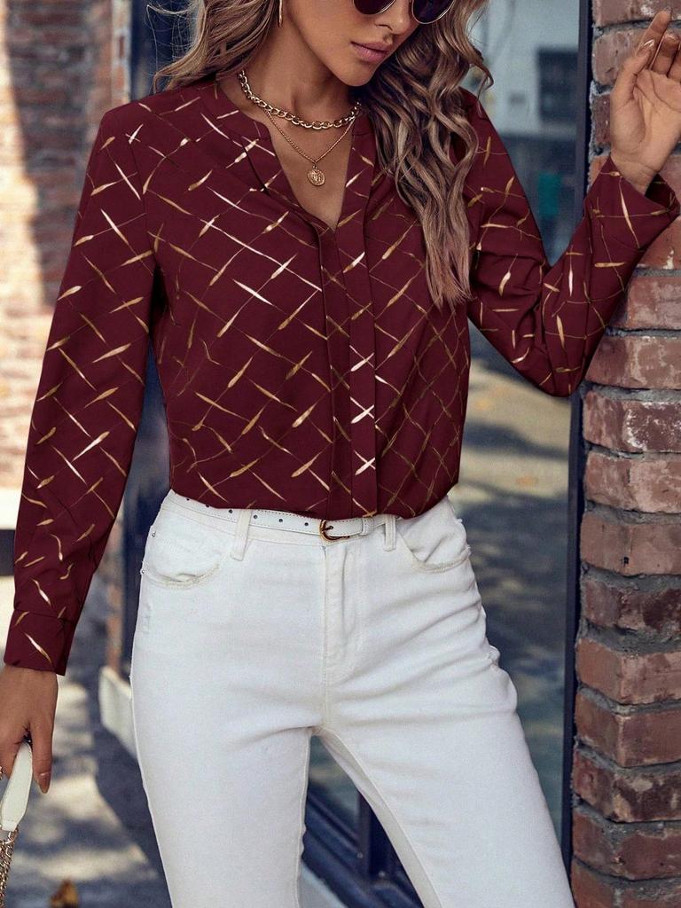 Women Long‑Sleeve Woven Blouse, V‑Neck with Single‑Button Gold Grid Print Shirt, Casual Office‑Classy Tunic Top for Daily Work