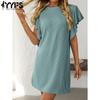 Женская мода лето весна однотонный принт с коротким рукавом и круглым вырезом свободная талия повседневные платья