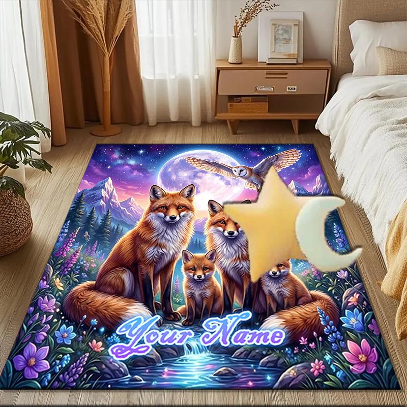 1PC Custom Name Fox Family Moonlit Night Theme Floor Mat Ideal for Living Room, Game Rooms, Office, Bedroom, Floor Mat Playful Design