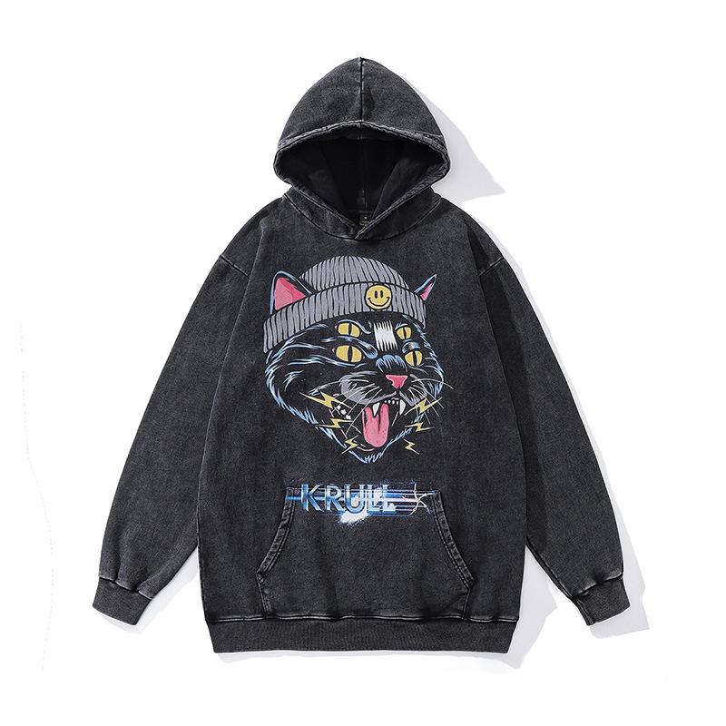 430G Heavy Cotton Hoodie Jacket Retro Cartoon Direct Injection Printing Fried Color Sweater For Men And Women