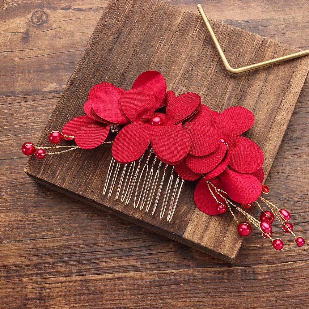 Romantic Wedding Hair Jewelry Bridesmaid Tiara Hair Combs Bridal Clips Red Flower Hair Pin