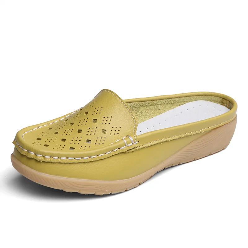 Summer New Women Wedge Slippers Leather Hollow Slip-On Loafers Vintage Casual Anti-slip Premium Slippers Moccasins Half Slippers
