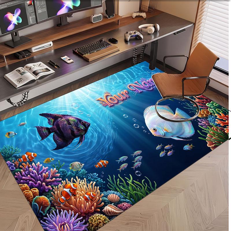 Fish Ocean Theme Soft Crystal Velvet Rug Custom Name & Text Print Non Slip Floor Rug for Bedroom Living Room