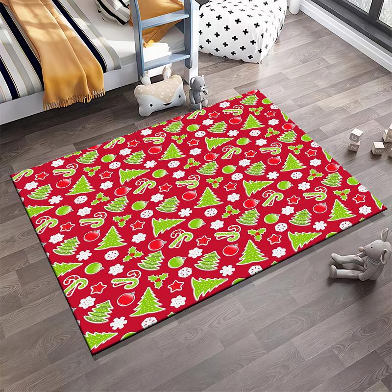 Christmas Pattern with Trees and Ornaments Non-slip rug suitable for living room and bedroom sofas.