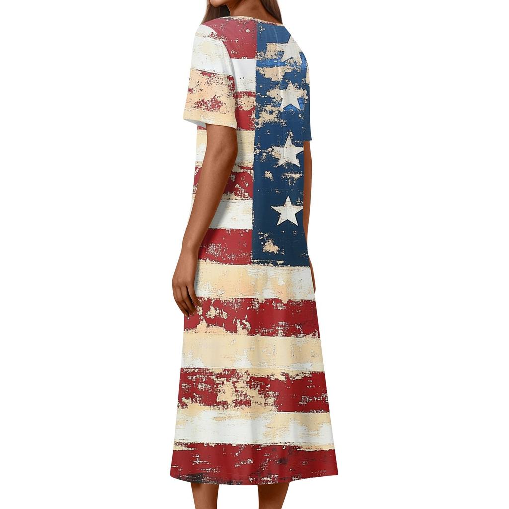 Женское летнее повседневное модное платье с коротким рукавом и карманом на День независимости с коротким рукавом