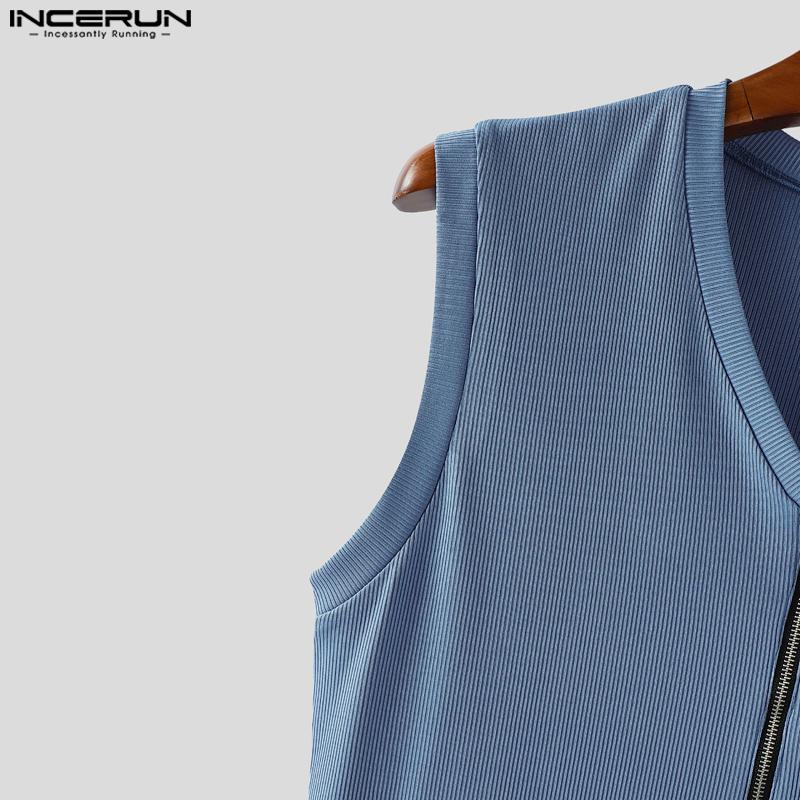 INCERUN Мужские майки без рукавов с V-образным вырезом, однотонные, на молнии, повседневные, в рубчик