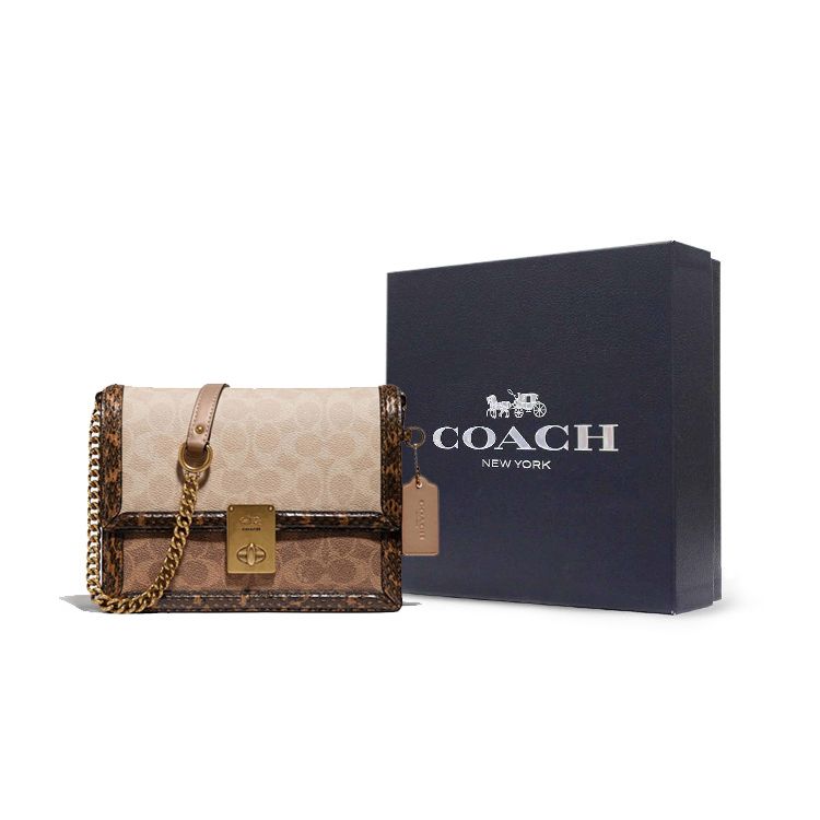Coach Hutton 21 Classic Monogram Color Block Personality Leather And Snakeskin Coated Canvas Small Shoulder Crossbody Bag Women bags Brown 89068-B4PVR
