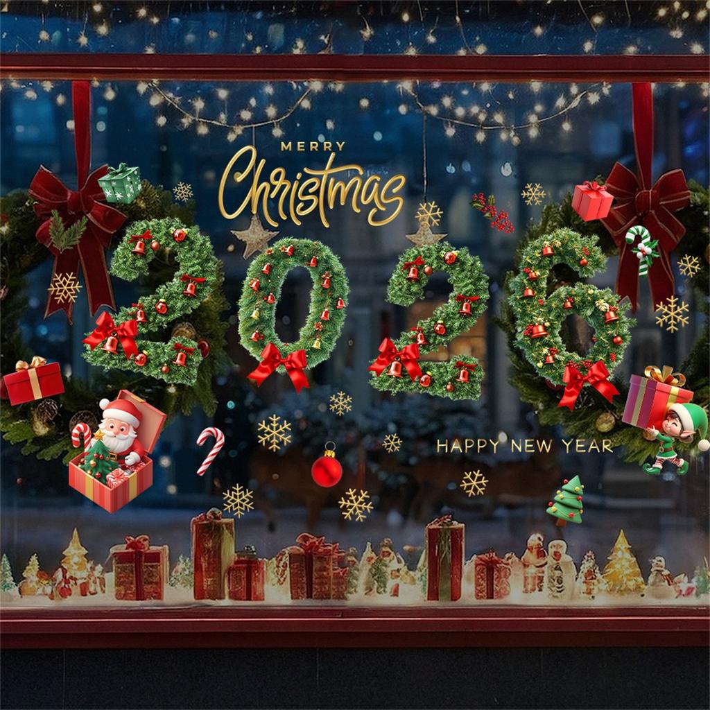 2026 С НОВЫМ ГОДОМ Счастливого Рождества Зеленый Игла Колокольчик Наклейка на окно Праздничная Для помещения и улицы Стеклянная дверь и окно Статическая наклейка