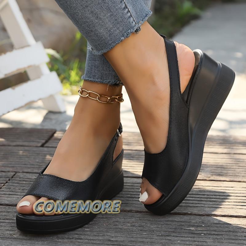 Fashion Women Solid Color Platform Sandals Ankle Buckle Strap Soft Sole Casual Summer Shoes Peep Toe Wedge Shoes Fashion Outdoor Comfort