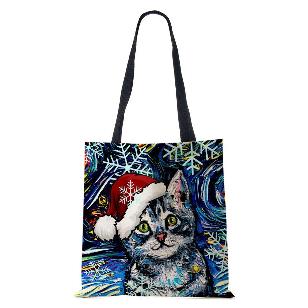 Рождественская холщовая сумка-шоппер для собак и кошек с принтом Харадзюку для женщин, многоразовая сумка через плечо, повседневная, большой вместимости, складная сумка-тоут CLE