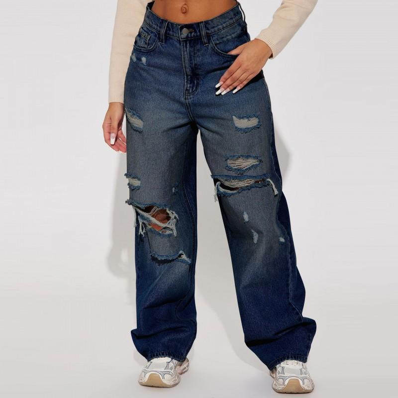 Womens High Waist Straight Leg Denim Jeans Streetwear Distressed Trousers Winter